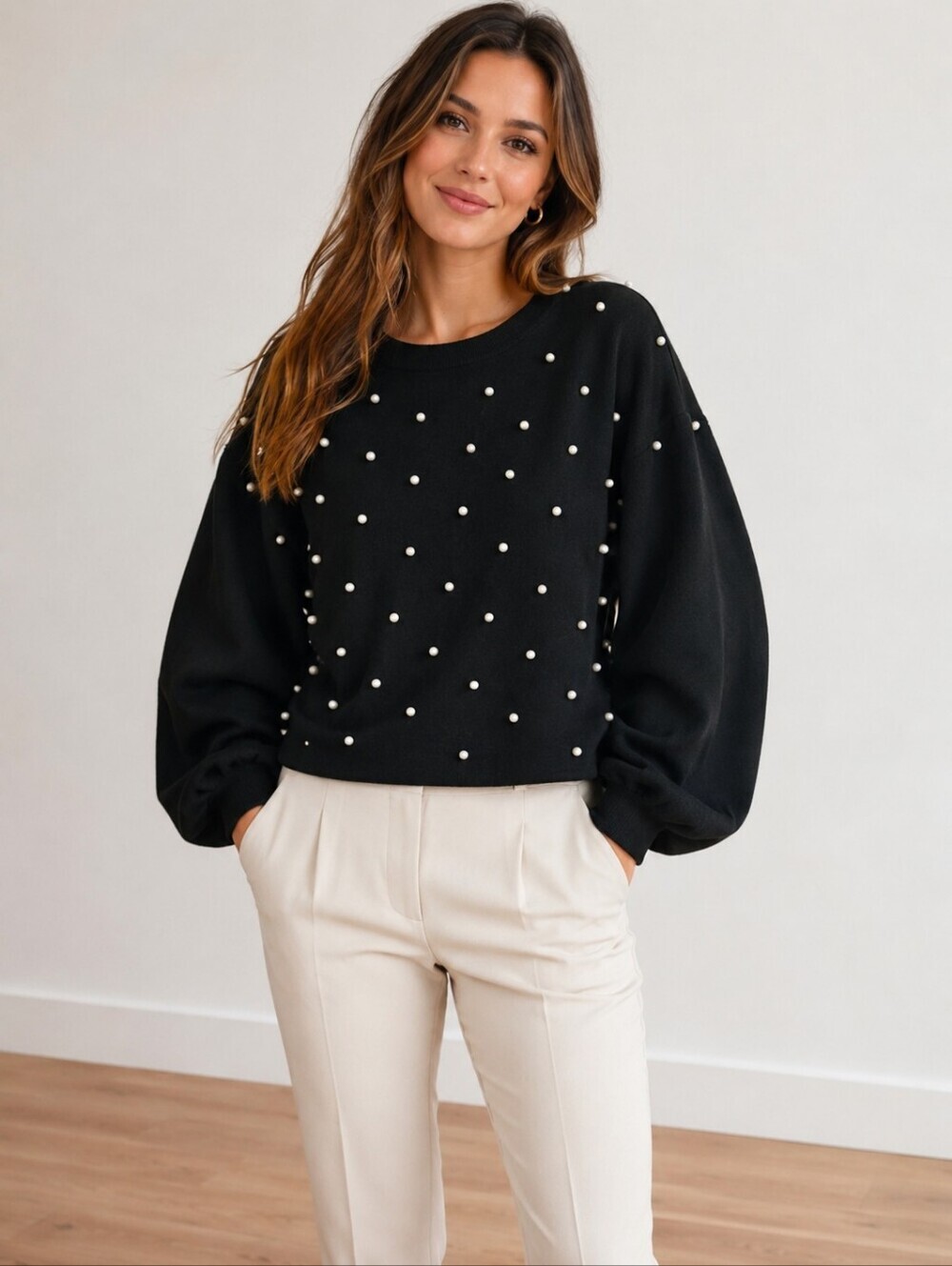 ❤️ NWT! ZARA FAUX PEARL EMBELLISHED BLACK BALLOON SLEEVE SWEATSHIRT, LARGE